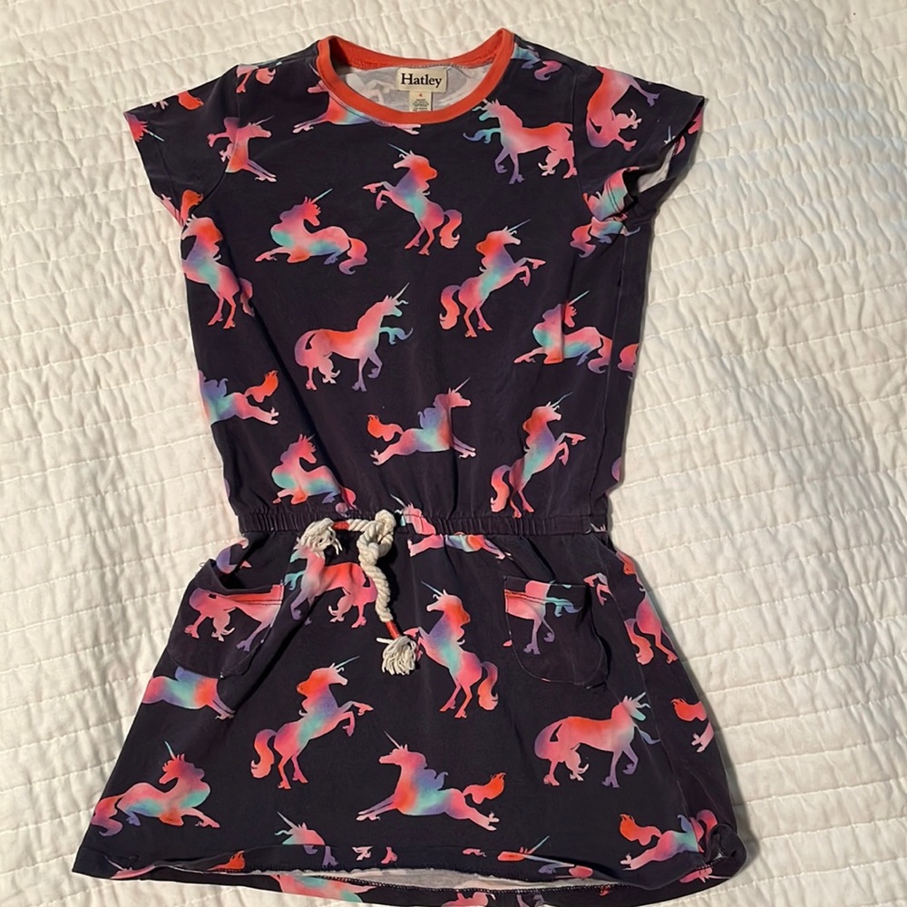 Navy drawstring dress with small pockets. Hatley size 4. Rainbow unicorn